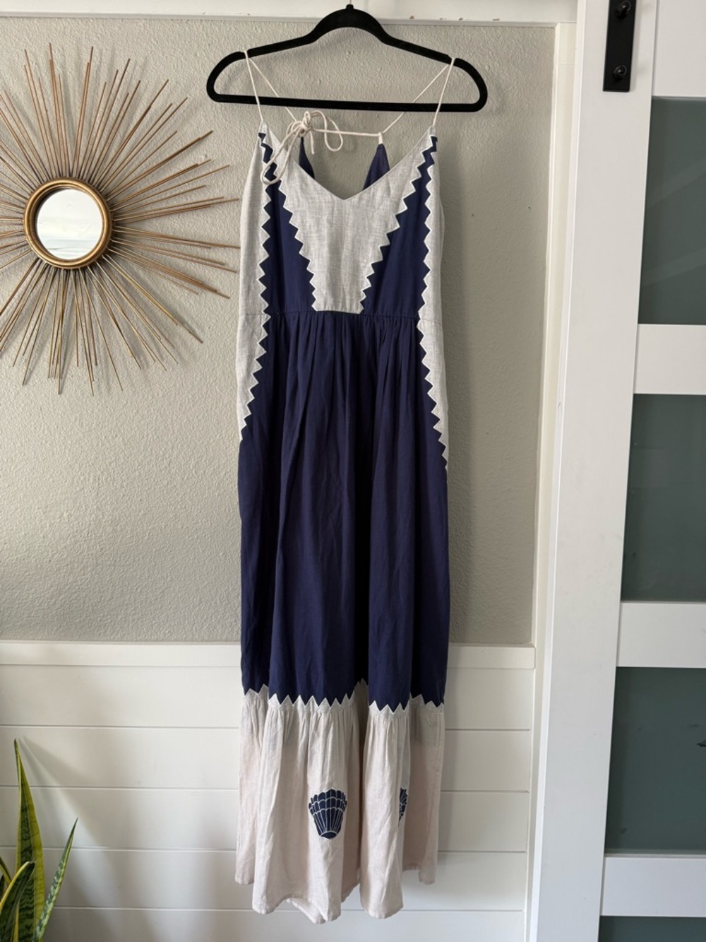 Carolina K Spaghetti-Strap Maxi Dress with Contrast Zigzag Trim